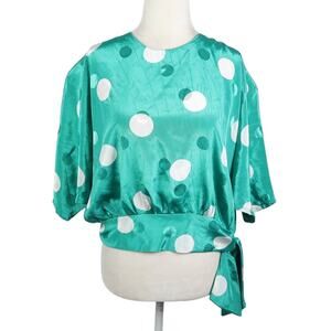 Vintage Teal Satin Polka Dot Blouse with White Dots